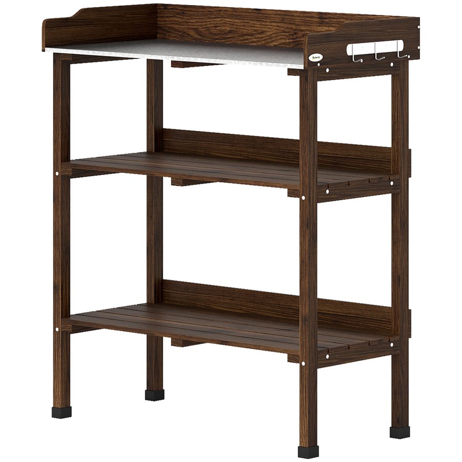 Outsunny Pflanztisch aus Holz, 3 Ebenen, Gartentisch mit Metallplatte, 2 Ablagen und Haken, witterungsbeständig, für Garten, Terrasse, Balkon, 76x37x89 cm, verkohlt   Aosom von Outsunny