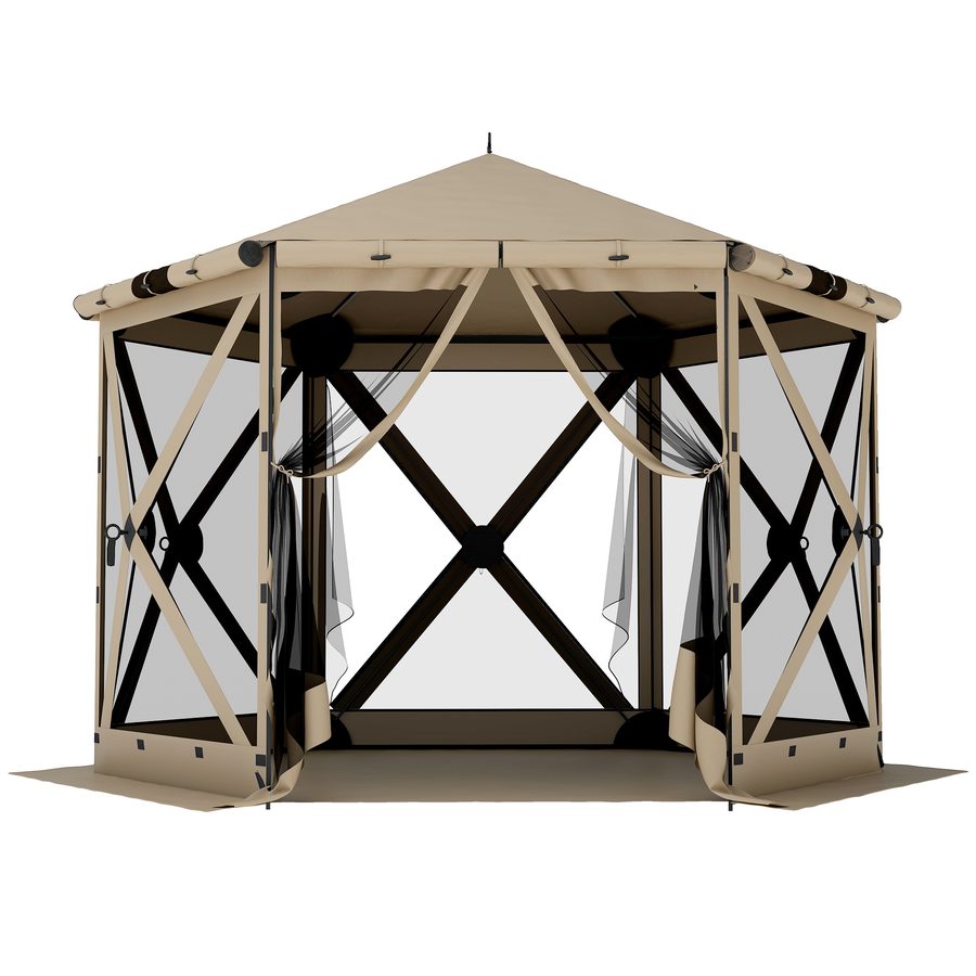 Outsunny 3 m x 2,6 m Sechseck-Pavillon mit Bodenmatte, Seitenteilen aus Netzgewebe und Tragetasche, wasserdicht, UV-beständig, Partyzelt für Garten und Terrasse, Khaki   Aosom von Outsunny