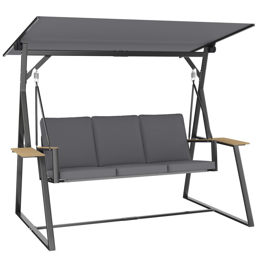 Outsunny 3-Sitzer Gartenschaukel mit verstellbarem Dach, Kissen und Getränkeablagen, Stahlrahmen, für Terrasse, Veranda, 360 kg Tragkraft, Grau   Aosom von Outsunny