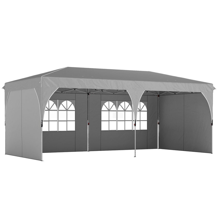 Outsunny Pavillon 3x6 m Faltbar Pop-up mit verstellbarer Höhe, Außenpavillon mit reflektierenden Streifen, Seitenwänden, Sandsäcken, Tragetasche, UV50+, für Camping, Partys, Hellgrau   Aosom von Outsunny