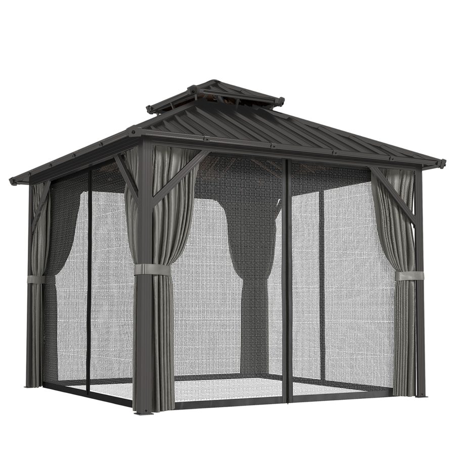 Outsunny Pavillon 3 x 3 m mit Hartdach aus feuerverzinktem Stahl, UPF50+ Schutz, Aluminiumrahmen, Vorhänge und Moskitonetz, Deckenhaken, Dunkelgrau   Aosom von Outsunny