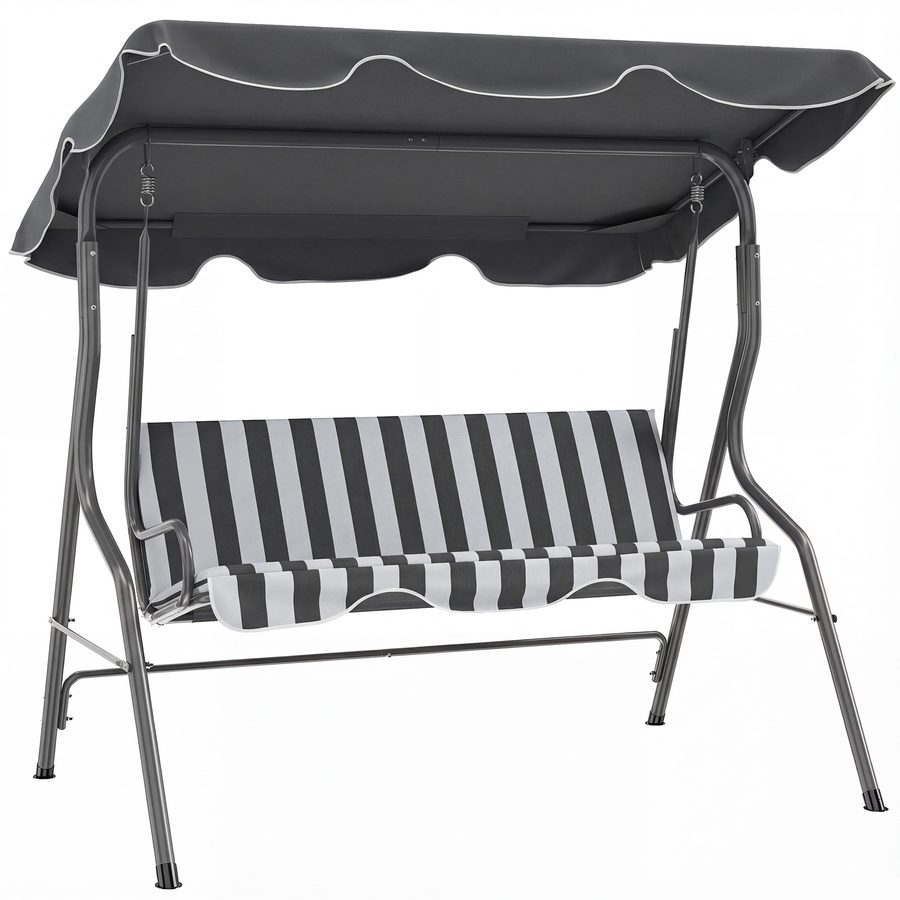 Outsunny Hollywoodschaukel 3‑Sitzer wasserabweisendes Dach verstellbare Neigung Sitz- und Rückenpolster 170L x 110l x 153H cm Stahl Polyester grau, weiß gestreift   Aosom von Outsunny