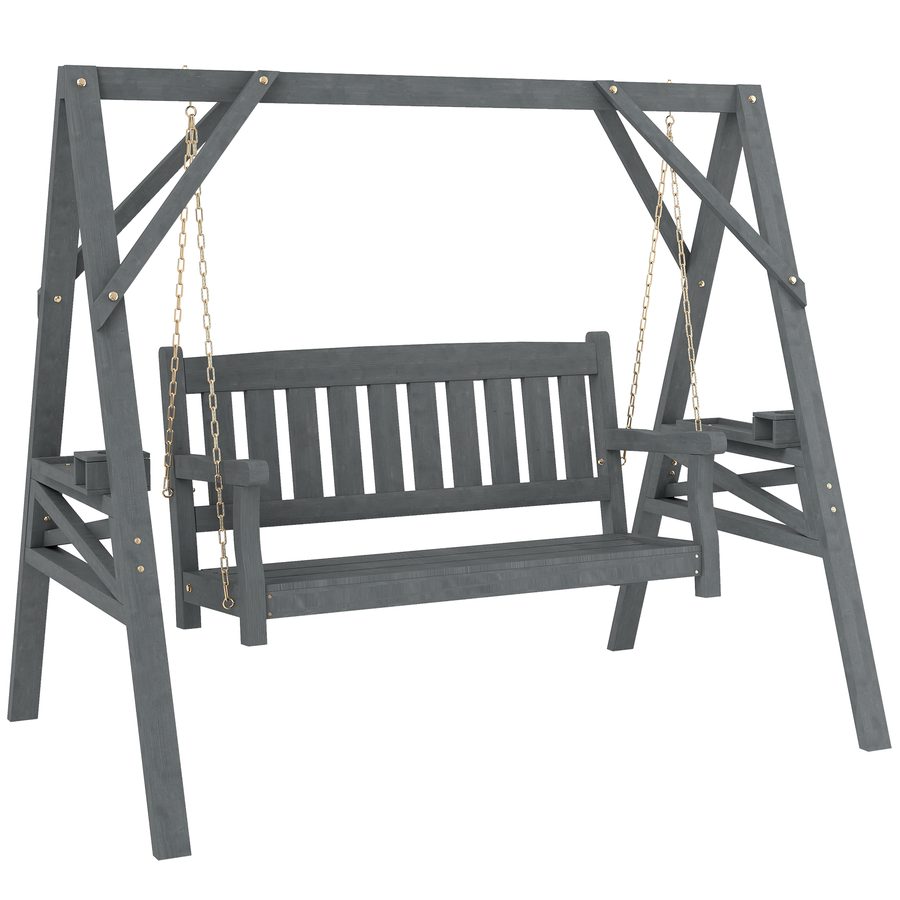 Outsunny 2-Sitzer Holzschaukelbank, Gartenschaukel mit Ablagen, Getränkehalter, bis 250 kg belastbar, 183 x 120 x 160 cm, Grau   Aosom.de von Outsunny