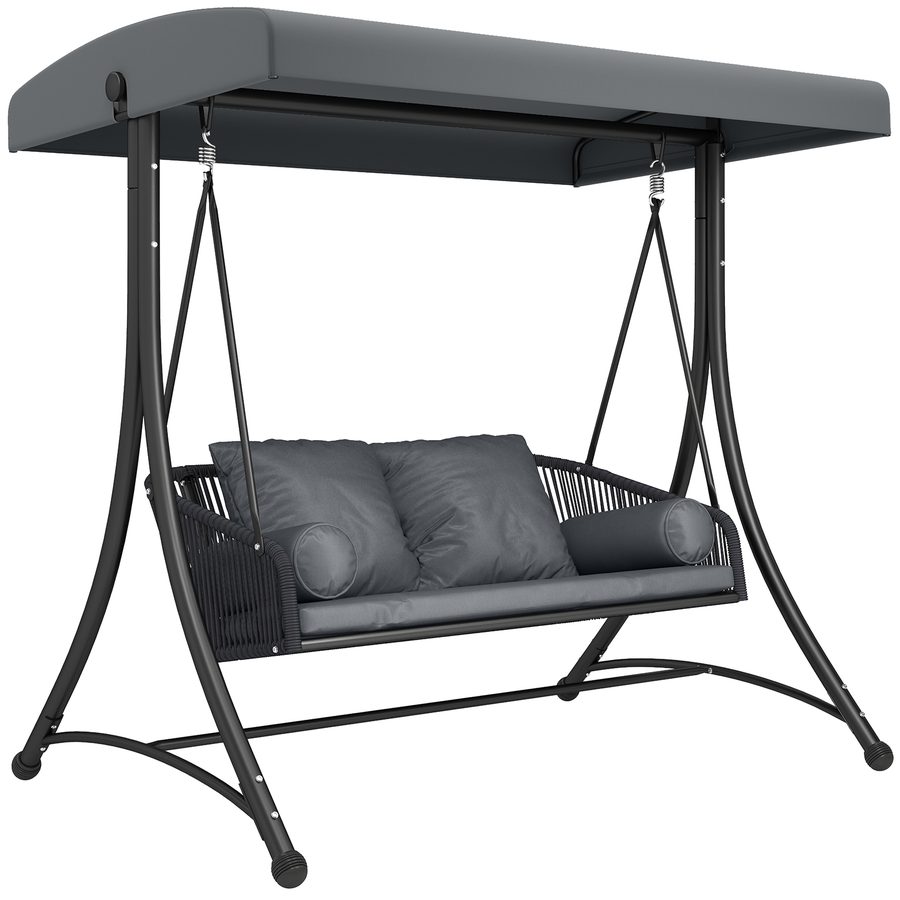 Outsunny Hollywoodschaukel Rattan 2-Sitzer Gartenschaukel mit Verstellbarem Sonnendach weichem Kissen A-Rahmen, Schaukelbank belastbar bis 240kg, für Garten Terrasse 178 x 120 x 172 cm Dunkelgrau   Aosom von Outsunny