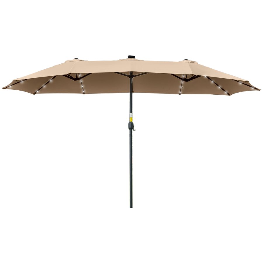 Outsunny Sonnenschirm 4,5m mit 48 Solar-LED-Lichtern, Doppel-Gartenschirm mit Kurbel, Khaki   Aosom von Outsunny