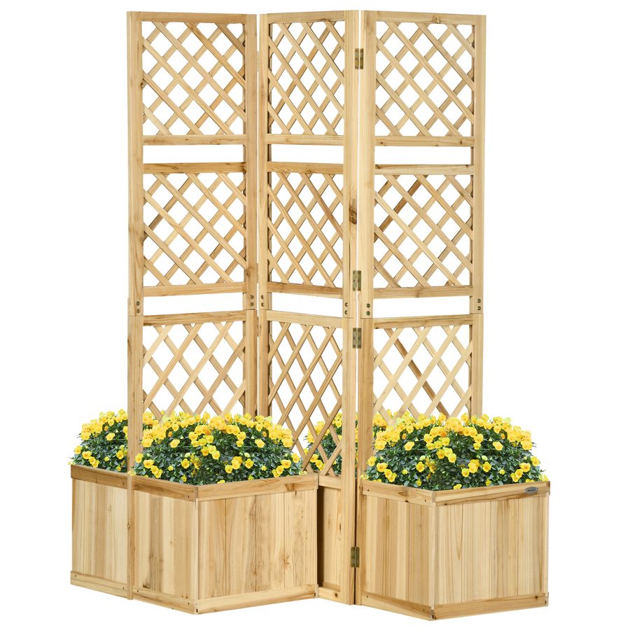 Outsunny Paravent Balkon wetterfest, 133 x 165 cm, 3tlg, Raumteiler mit 4 Blumenkästen, für Garten, Terrasse und Poolbereich, Naturfarbe   Aosom von Outsunny