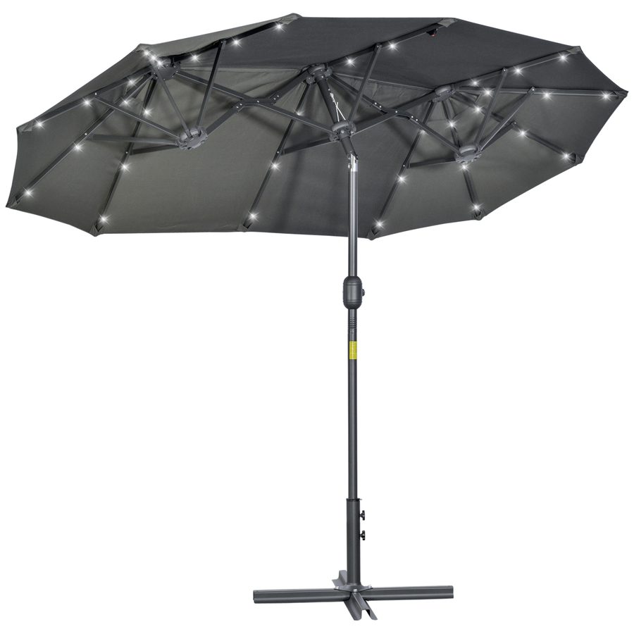 Outsunny Doppelter Neigbarer Sonnenschirm 295x150cm mit Kurbel, LED-Lichtern, Kreuzsockel und Belüftungsöffnungen, 12 Streben aus Stahl und Polyester, für Garten Terrasse Balkon, Grau   Aosom von Outsunny