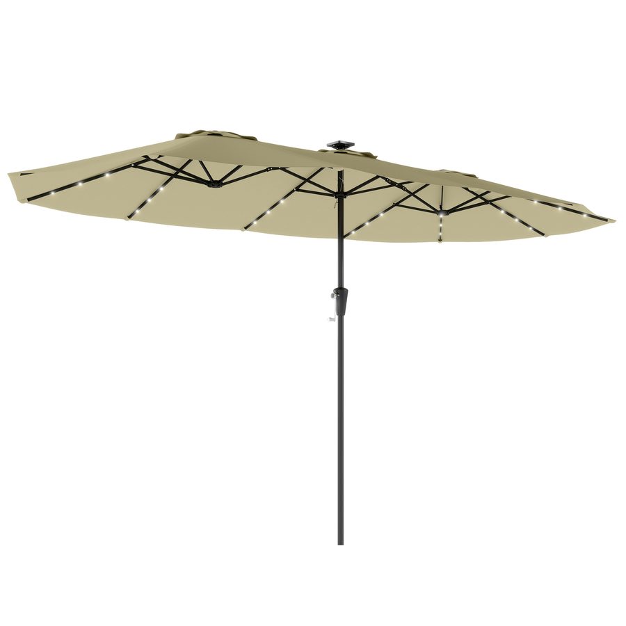 Outsunny Doppel-Sonnenschirm mit 36 Solar-LED-Leuchten, 4x2 m, Terrassen-Sonnenschirm mit Kurbel, UPF50+, 12 Streben, wasserabweisend, Sonnenschirm für Garten, Terrasse, Patio, Beige   Aosom von Outsunny