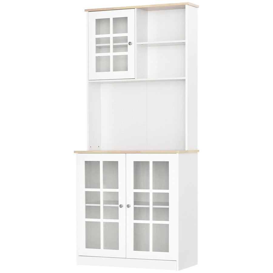 HOMCOM Küchenbuffet, Küchenschrank-Vitrine mit vielen Stauräumen, 3 Glasfronten mit Regal, 2 Fächer, große Arbeitsplatte, MDF weiß Eiche   Aosom von HOMCOM