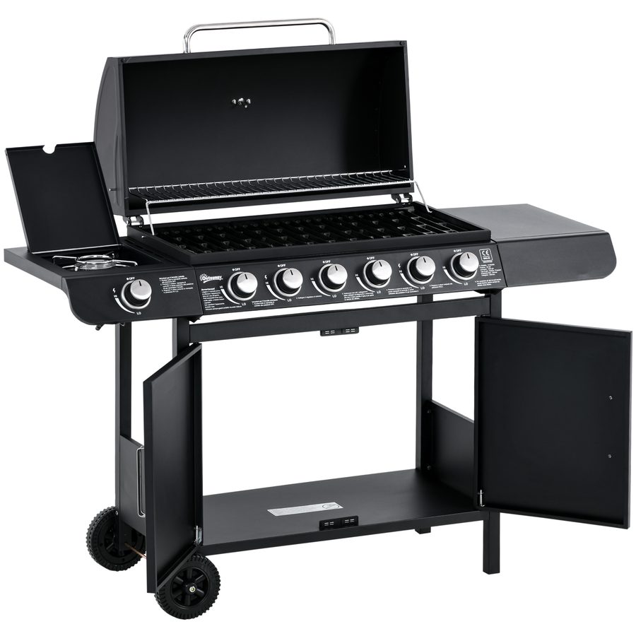 Outsunny Gasgrill BBQ Grillwagen mit 6 Brennern 1 Seitenbrenner Schrank Multifunktion Metall Schwarz 135 x 50 x 100 cm   Aosom von Outsunny