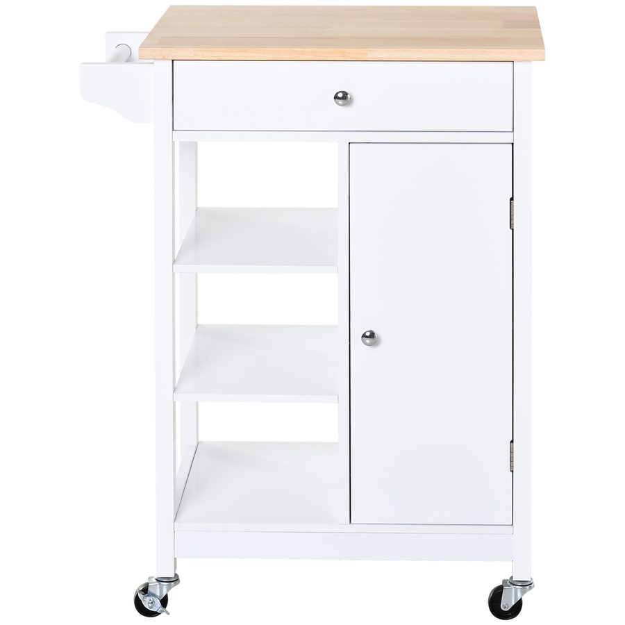 HOMCOM Küchenwagen Platzsparend aus MDF mit Gummibaumholz Arbeitsplatte, Schublade, Schrank, 3 Regale, Verstellbare Regalböden, Handtuchhalter und Drehbare Rollen, 66x39,5x86,5cm, Weiß   Aosom von HOMCOM