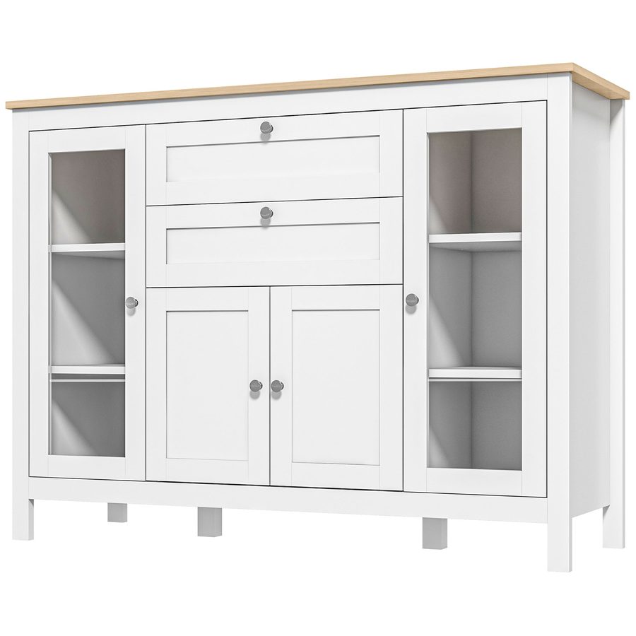 HOMCOM Buffet Esszimmer mit 2 Glastüren 120 x 40 x 90 cm Höhenverstellbare Regale 2 Schubladen 1 Schrank Naturholz und Weiß   Aosom von HOMCOM