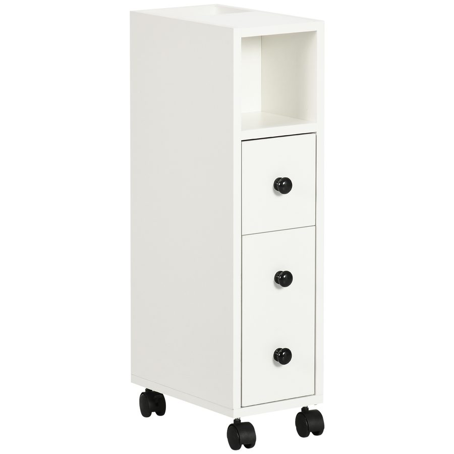 kleankin Badschrank Badezimmerschrank Badregal Kommode Standschrank zwei Schubfächer offenes Fach vier Räder Spanplatte Weiß 18x30x68,5 cm   Aosom von Kleankin