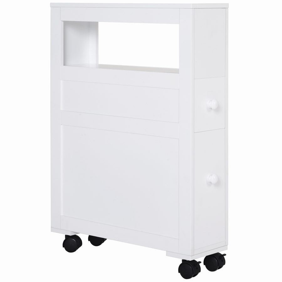 HOMCOM Badezimmerspeichermöbel auf Rollen, schmaler WC-Schrank, mit offenen Regal und 2 Schubladen, Belastung 20 kg, 16 x 52 x 71,5 cm, weiß   Aosom von HOMCOM