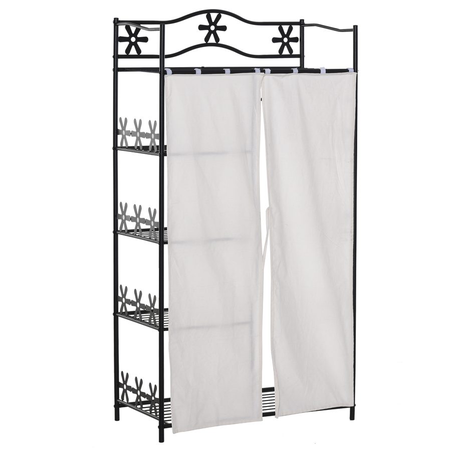 HOMCOM Kleiderschrank Multistauraum 5 Regale 84L x 42B x 159H cm Metall Schwarz Blumenmuster 2 Weiße Vorhänge   Aosom von HOMCOM