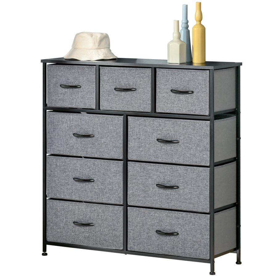 HOMCOM Kommode 9 Schubladen Aufbewahrungsmöbel faltbare Stoffschubladen - schwarze Stahlstruktur - 100 x 30 x 100 cm, Schlafzimmer, Eingang, Wohnzimmer, Schwarz und Grau   Aosom von HOMCOM