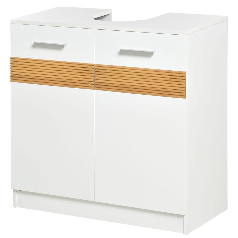 Kleankin Badezimmer Unterschrank - Waschtischunterschrank - gemütlicher schicker Stil mit 10 Bambusstreifen, 2-türigem Schrank mit Regal MDF Maße 60L x 30B x 60,5H cm weiß   Aosom von Kleankin