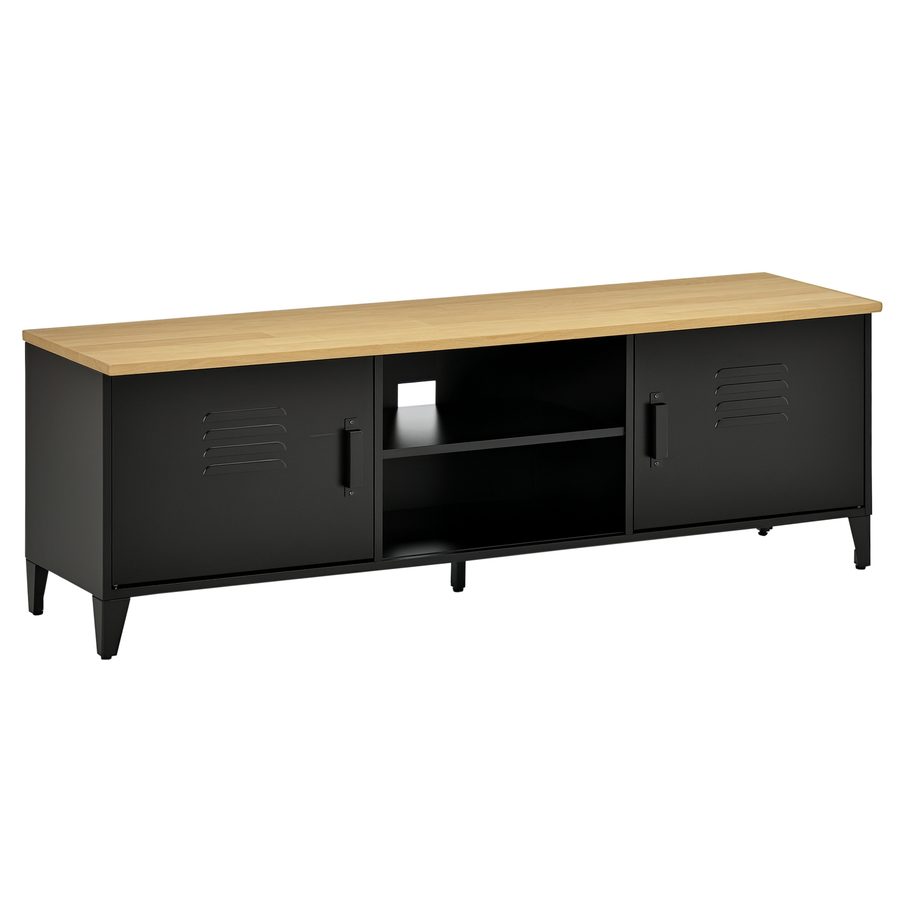 HOMCOM TV Lowboard TV Schrank Fernsehschrank Fernsehtisch TV-Regal Kommode bis zu 55" mit 2 Türen Regal Metall Holz Schwarz 150 x 40 x 50 cm   Aosom von HOMCOM