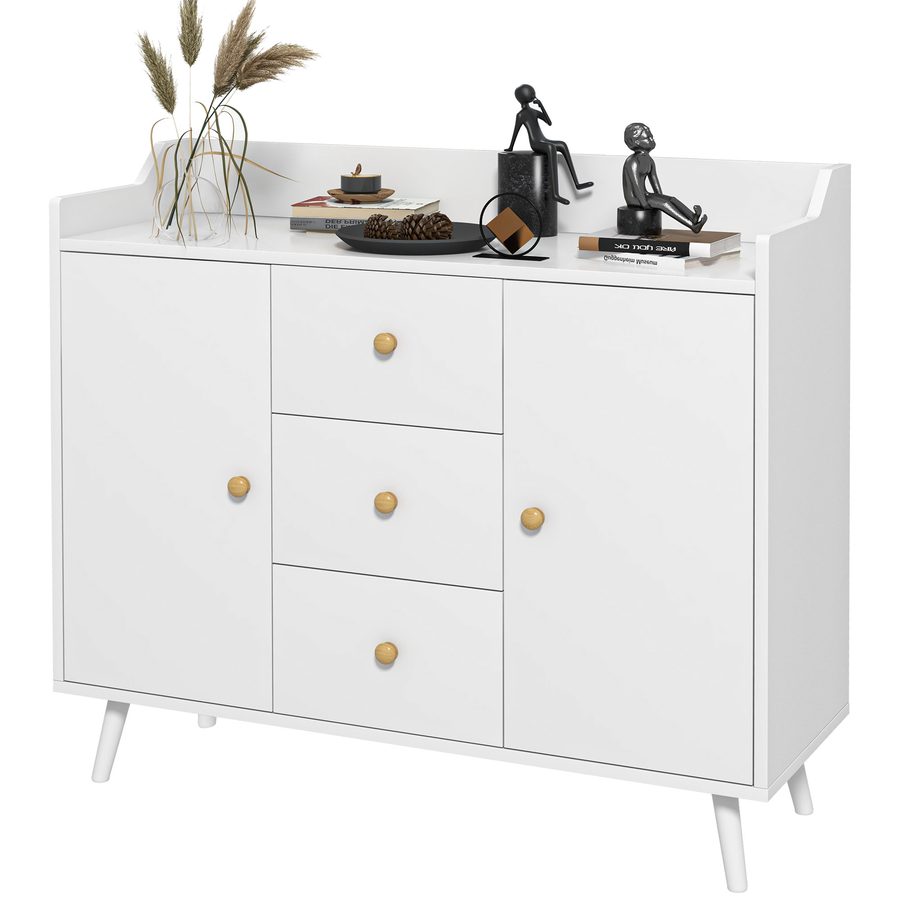 HOMCOM Wohnzimmerschrank aus Holz mit 3 Schubladen und 2 Schränken, modernes und vielseitiges Wohnzimmermöbel für Küche, Esszimmer und Eingangsbereich, 90x32x80 cm, Weiß   Aosom von HOMCOM