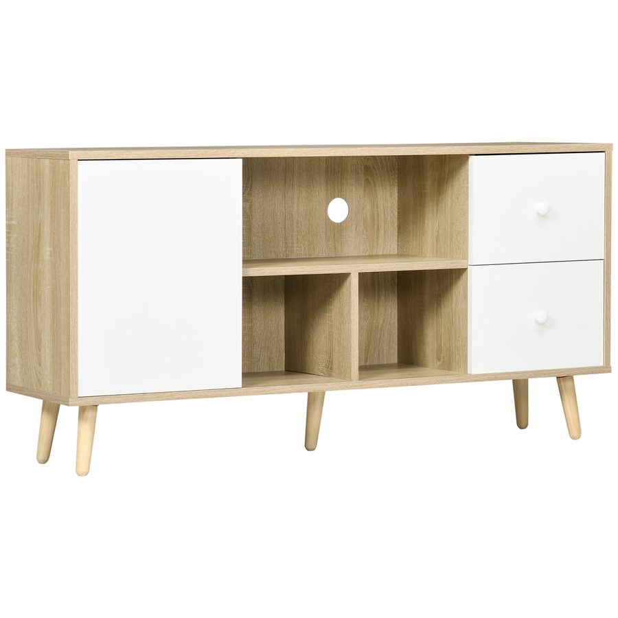 HOMCOM TV-Schrank Fernsehtisch für Fernseher bis zu 45 Zoll Massivholzbeine Skandinavischer Stil 3 Fächer 1 Schrank mit Tür und 2 Schubladen 120 x 30 x 60 cm   Aosom von HOMCOM