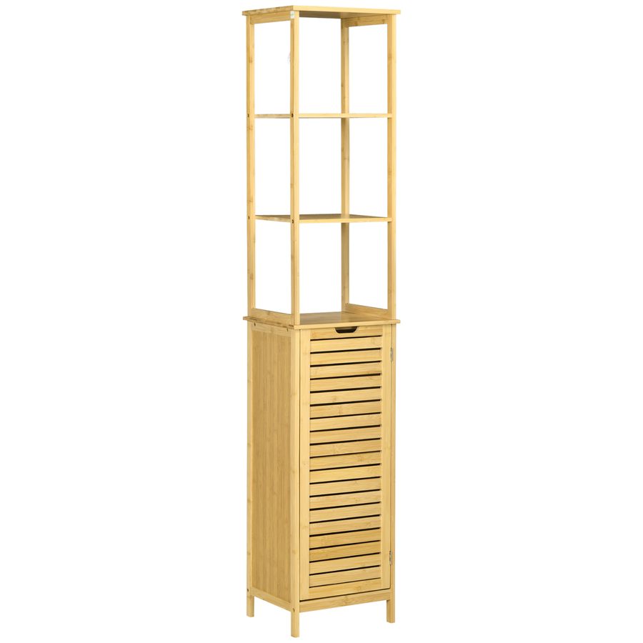 kleankin Badschrank Bambus, 34 x 30 x 173 cm, mit 3 offenen Fächer und 1 Schrank, Kippschutz, Grifföffnung, Freistehender, kleine Räume, Natur  Aosom von Kleankin