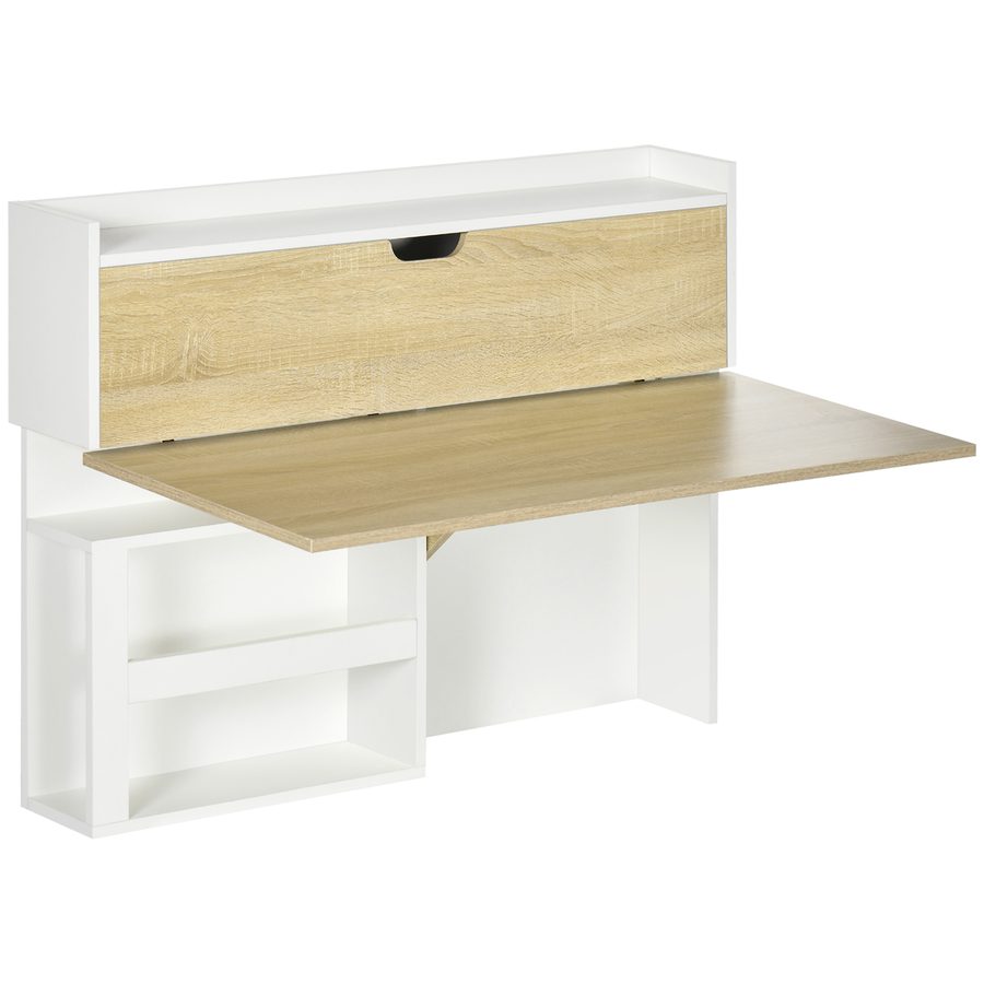 HOMCOM Klappbarer Wandtisch mit Stauraumregalen und Schrank, klappbarer Schreibtisch, klappbarer Wandtisch, platzsparende Option für Wohnzimmer, Esszimmer, kleine Räume, Naturholzoptik   Aosom von HOMCOM