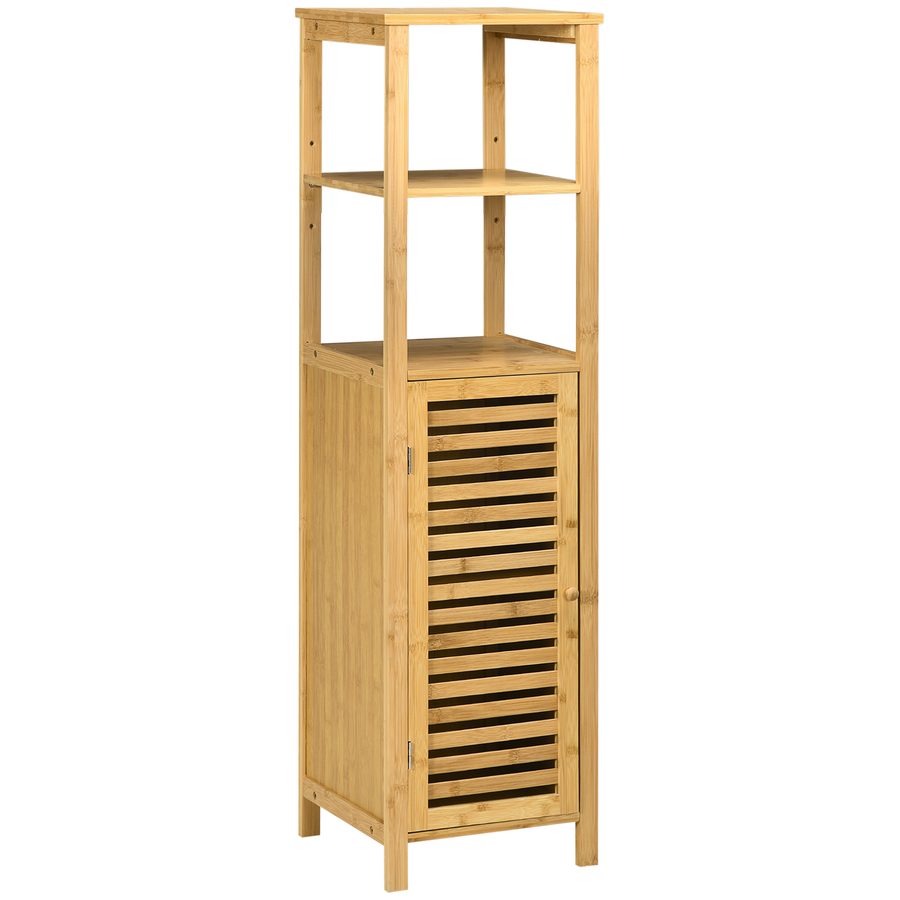 kleankin Badezimmerschrank höhevestellbar, Badschrank aus Bambus, Badezimmermöbel mit Schrank, zwei offene Ablagen, für Badezimmer, ca. 33 x 30 x 120 cm Naturholz   Aosom von Kleankin