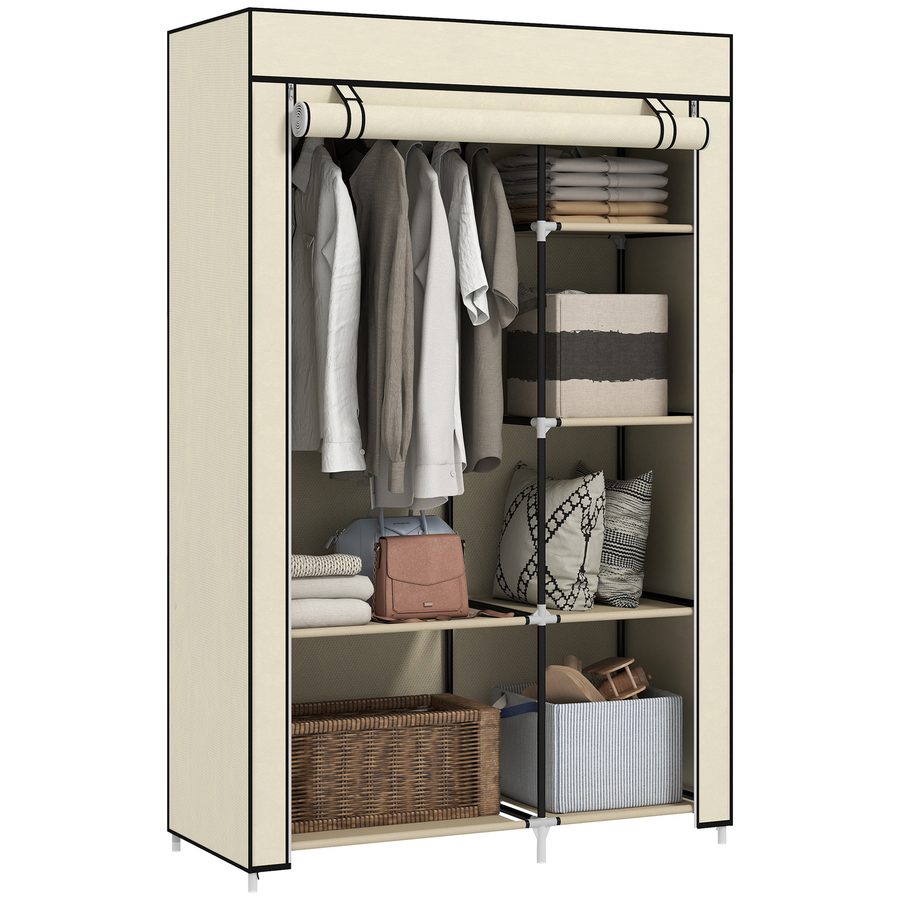 HOMCOM Kleiderschrank Stoffschrank faltbar mit 2 Kleiderstangen und 6 Fächern in Creme für Schlafzimmer und Flur   Aosom.de von HOMCOM