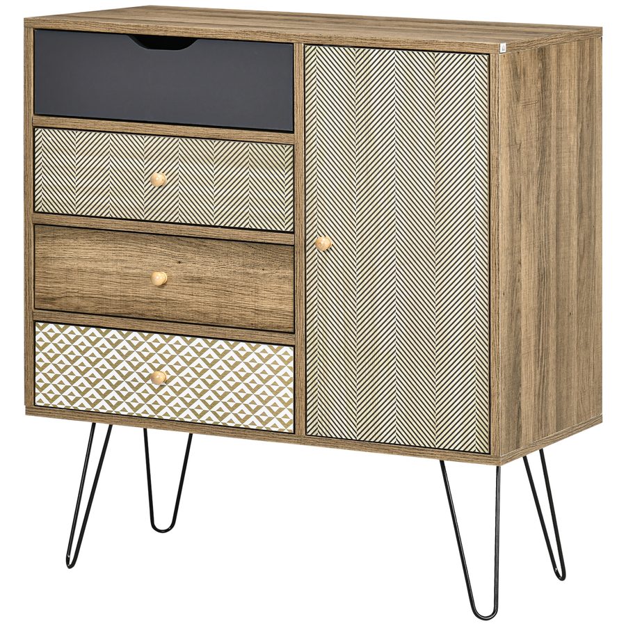 HOMCOM Aufbewahrungskommode Sideboard 4 Schubladen 1 Schrank - Haarnadelbeine - Bohème-Stil - 79 x 39 x 86 cm Braun   Aosom von HOMCOM