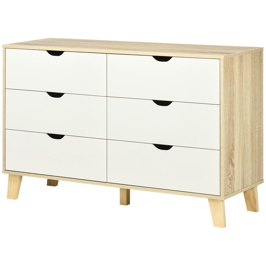 HOMCOM Kommode 6 Schubladen Schlafzimmer Aufbewahrungsmöbel skandinavischer Stil mit Holzfüßen, für Schlafzimmer, Wohnzimmer, Größe 120B x 40T x 76H cm, Holzoptik und Weiß   Aosom von HOMCOM