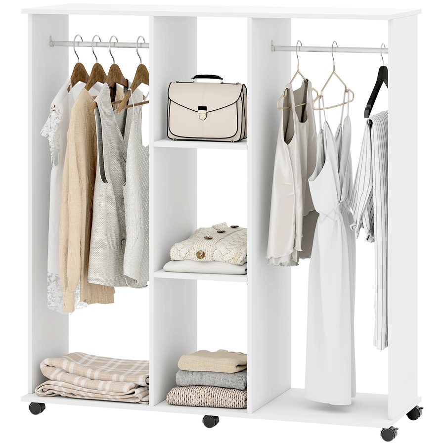 HOMCOM Doppelschrank-Garderobe Mobiler Aufbewahrungsschrank 6 Rollen 120B x 40T x 128H cm aus Holz Weiß   Aosom von HOMCOM