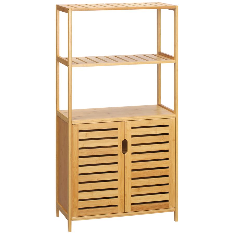 kleankin Badezimmerschrank Bambus Badschrank mit 2 Lamellentüren, 2 offene Fächern & Schrank Hochschrank Beistellschrank schmal Aufbewahrungsschrank für Badezimmer, Wohnzimmer 60x30x120 cm Natur   Aosom von Kleankin