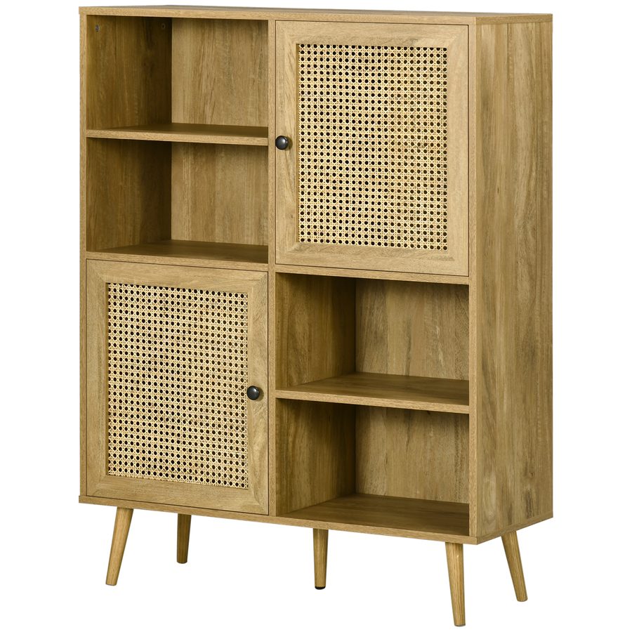 HOMCOM Buffet Aufbewahrungsschrank hoher Stand aus Holz und Rattan mit 2 Türen 4 Fächern - Maße 90L x 32,5B x 120H cm   Aosom von HOMCOM