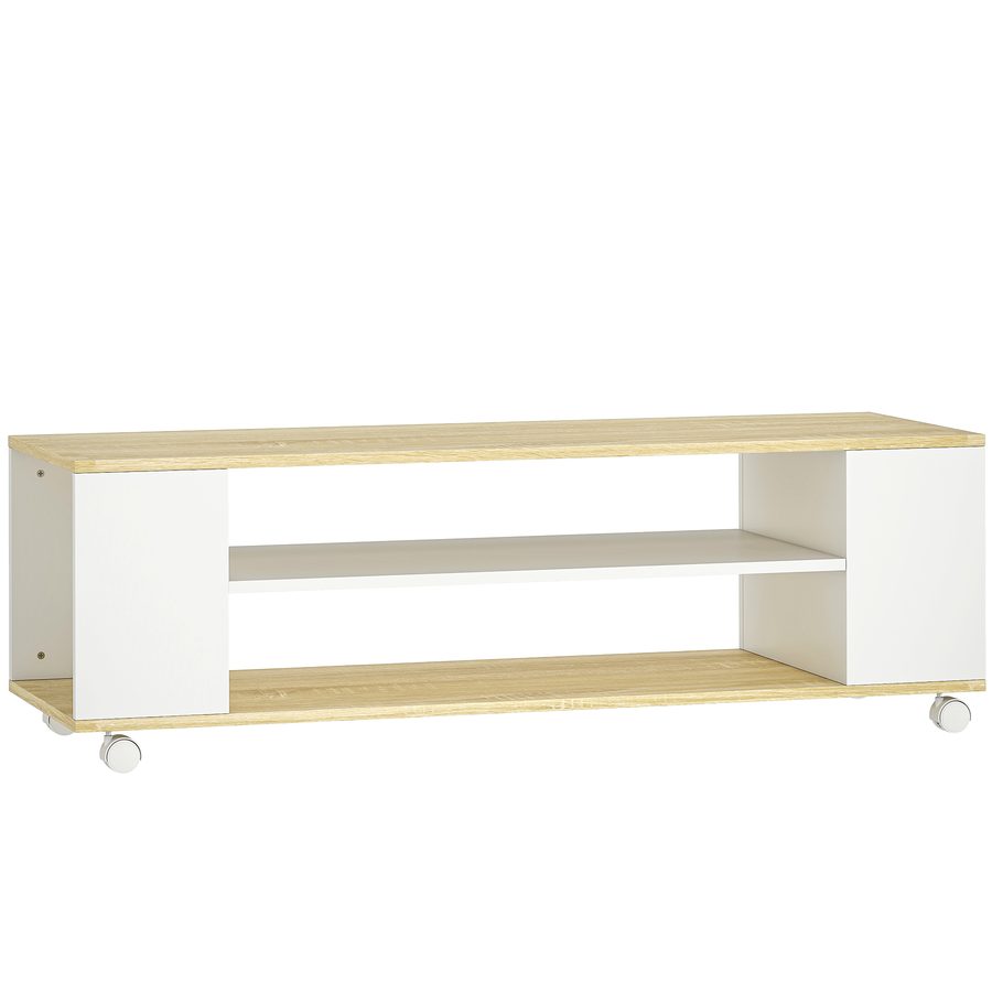 HOMCOM TV-Schrank, TV Lowboard mit Rollen, Fernsehtisch mit 2 Offenen Fächern, Fernsehschrank für TV-Geräte bis zu 55 Zoll, TV Board für Wohnzimmer, Weiß+Natur 120 x 40 x 38,5 cm   Aosom von HOMCOM