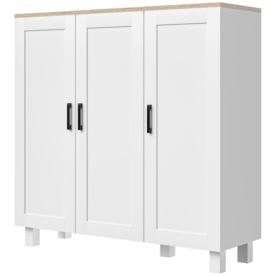 HOMCOM Wohnzimmerschrank Moderner Aufbewahrungsschrank mit 3 Türen Verstellbaren Regalen und Erhöhten Boden für Küche Esszimmer Flur Schlafzimmer Kippsicherungsvorrichtung 90x30x90 cm Weiß   Aosom von HOMCOM