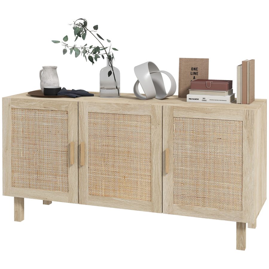 HOMCOM Buffet Möbel Aufbewahrungsschrank 3 Türen mit verstellbarem Regal Rattan-Effekt Bohème-Stil - 136 x 41 x 70 cm   Aosom von HOMCOM