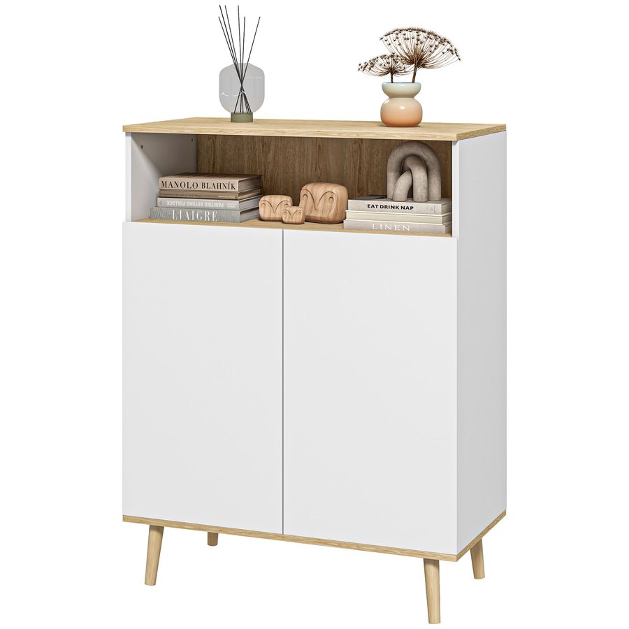 HOMCOM Aufbewahrungsmöbel, Sideboard Küche, mit verstellbarem Regal, 2-türiger Schrank, 80 x 38 x 102 cm, skandinavisches Design, Massivholzbeine, Weiß und Holzoptik   Aosom von HOMCOM
