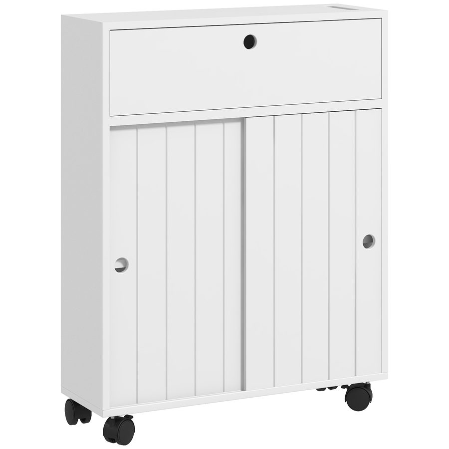 kleankin Badezimmer Aufbewahrungsschrank, WC-Schrank für Toilettenpapier mit Schiebetüren, mehreren Fächern, auf Rollen, Toilettenmöbel, 52 x 17 x 67 cm, weiß   Aosom von Kleankin