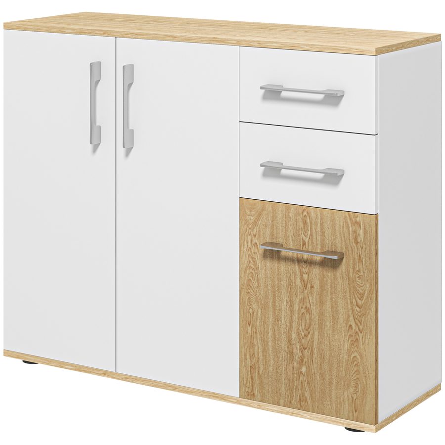 HOMCOM Sideboard, Aufbewahrungsmöbel mit 3 Türen, 2 Schubladen und verstellbarem Regal, moderner Stil, Sideboard Esszimmer, Küche und Wohnzimmer, 90 x 30 x 75,5 cm, Weiß und Holz natur   Aosom von HOMCOM