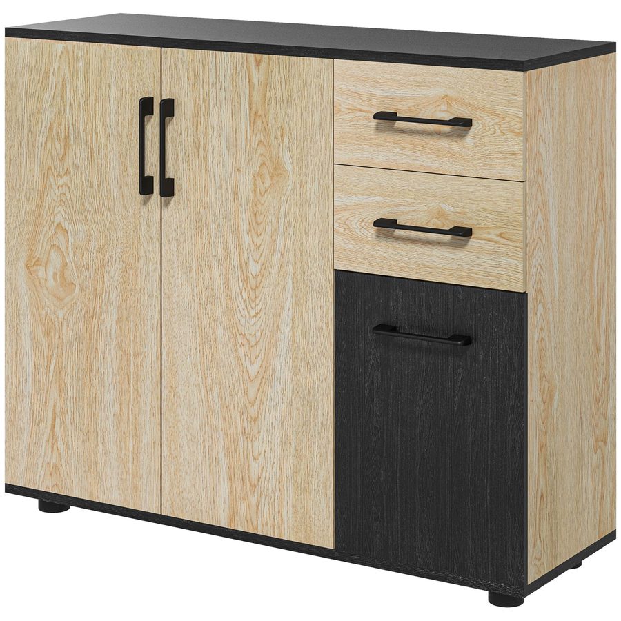 HOMCOM Aufbewahrungsschrank, Sideboard, Küchenschrank, 2 Schränke, verstellbares Regal, 2 Schubladen, zeitgenössischer Stil, für Wohnzimmer, Küche, Esszimmer, 90 x 30 x 75,5 cm, Natur Schwarz   Aosom von HOMCOM