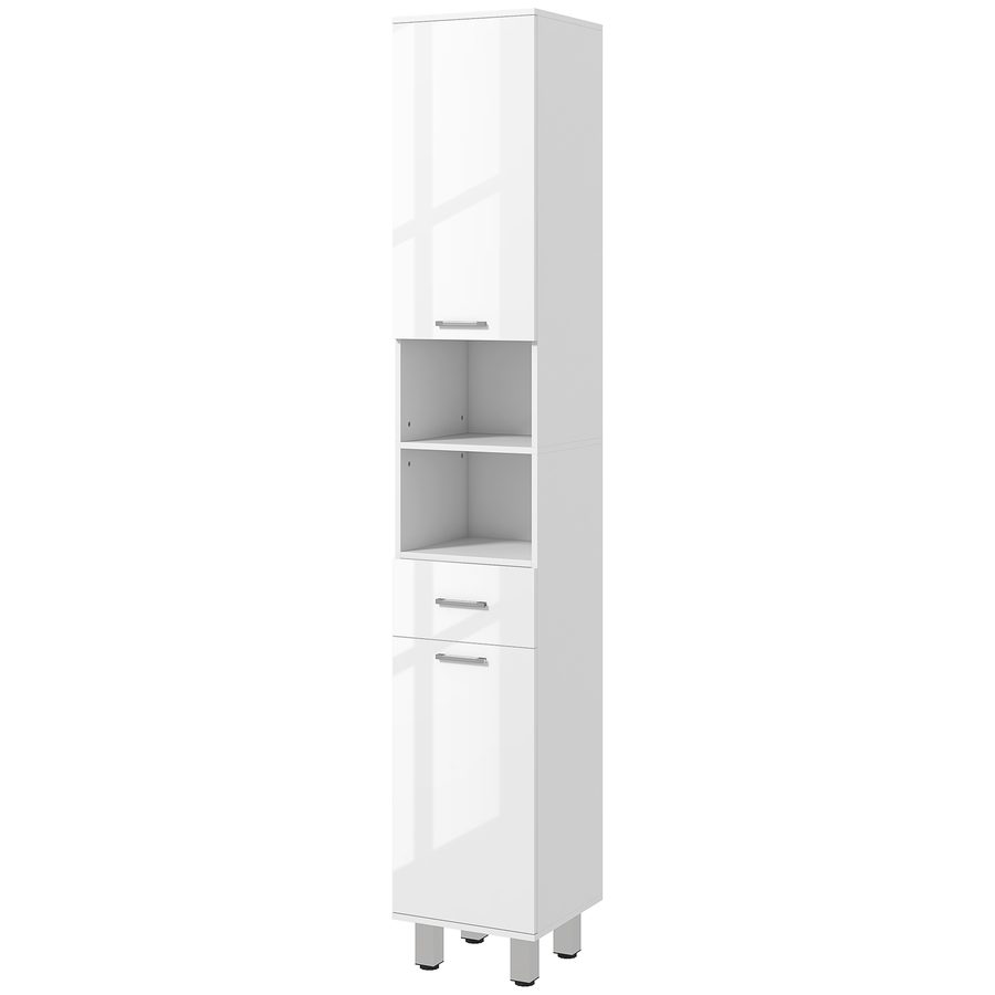 Kleankin Hochschrank Badezimmer, Säulentür mit verstellbaren Regalen, offene Fächer, schmaler großer Schrank für WC, kleine Räume, 30x30x180cm, Glänzendes Weiß   Aosom von Kleankin