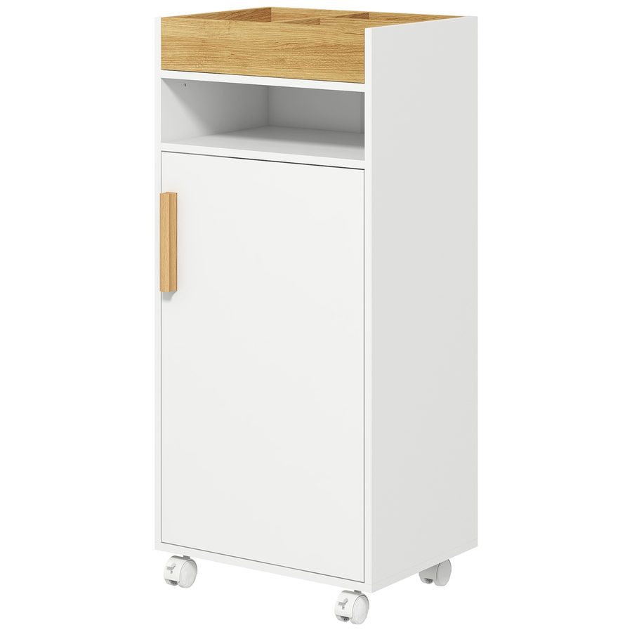 kleankin Badezimmerschrank auf Rollen mit 2 verstellbaren Regalen, abnehmbarer Platte, Nische und Schrank mit 1 Tür 40 x 30 x 88 cm weiß natur   Aosom von Kleankin