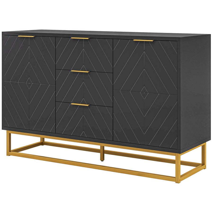 HOMCOM Buffet zeitgenössisches grafisches Design 2 Schranktüren mit verstellbaren Regalen 3 Schubladen in schwarzem Holz mit goldenem Metall   Aosom von HOMCOM
