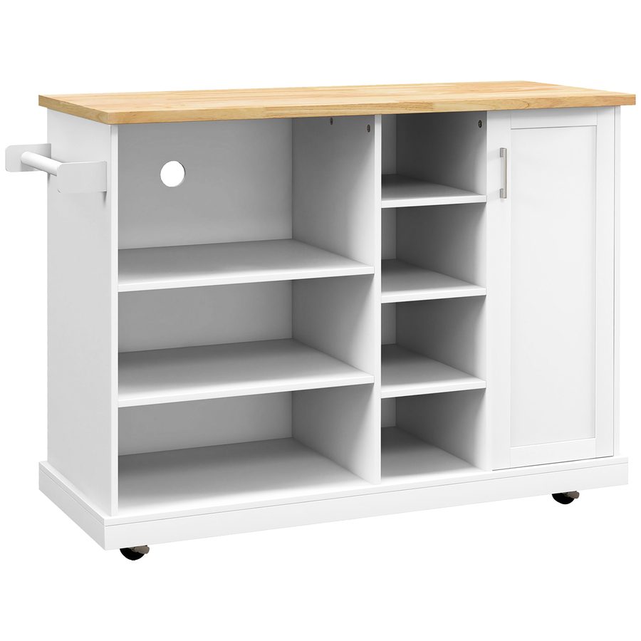 HOMCOM Kücheninselwagen, Küchenwagen mit Rollen, 7 offene Fächer, 1 Schrank 1 Tür, 129 x 51 x 93 cm, Holz und Weiß   Aosom von HOMCOM