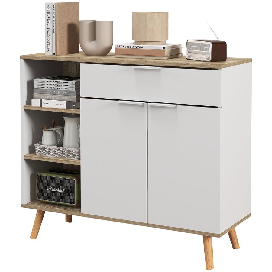 HOMCOM Aufbewahrungsmöbel, Küchenbuffet, Kommode, verstellbare Regale, 1 Schublade 1 Doppeltürschrank, Beine aus Massivholz, 95 x 35 x 85 cm, weiß   Aosom von HOMCOM