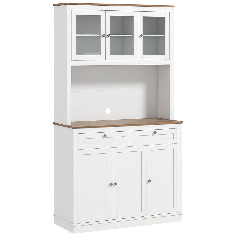 HOMCOM Küchenhochschrank, Küchenschrank, Vitrine, 6 Türen davon 3 aus Glas, 2 Schubladen, Arbeitsplatte, verstellbare Regale, Aufbewahrungsmöbel für Wohnzimmer Esszimmer, 100x40x180cm, weiß   Aosom von HOMCOM