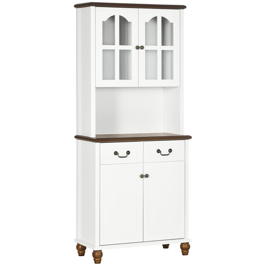 HOMCOM Küchenschrank, Küchenbuffet mit 2 Schubladen, Hochschrank mit offenem Fach, Schrankfach, Vitrinenschrank mit Soft-Close-Funktion für Wohnzimmer, Küche, 76 x 38 x 182 cm, Weiß   Aosom von HOMCOM
