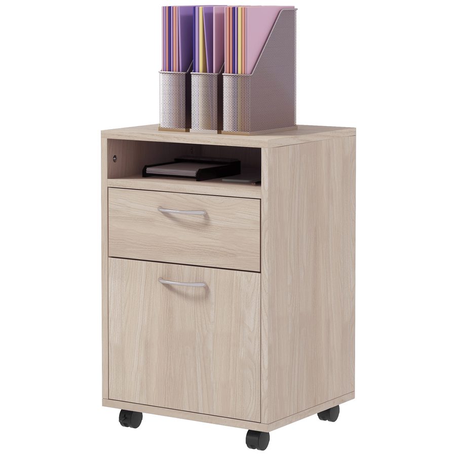 HOMCOM Rollbarer Schubladenschrank für das Büro, mobiles Aufbewahrungsmöbel mit Schublade, Schrank und Fach, für Dokumente und hängende Dateien, 40 x 35 x 60 cm, Eiche   Aosom von HOMCOM