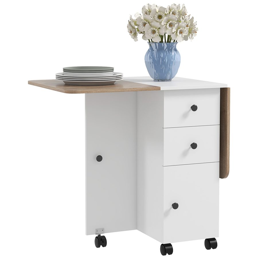 HOMCOM Klappbarer Küchentisch Esstisch mit 2 klappbaren Tabletts, 2 Schubladen, 1 Schrank und 1 Ablagefach 120 x 60 x 76,5 cm - Weiß und Eiche   Aosom von HOMCOM
