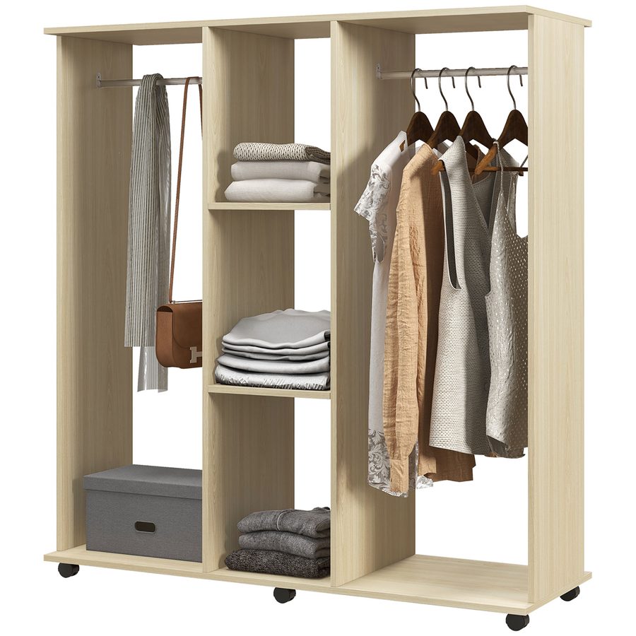HOMCOM Schrankgarderobe Mobiler Aufbewahrungsschrank 6 Rollen 120L x 40B x 128H cm aus Naturholz   Aosom von HOMCOM